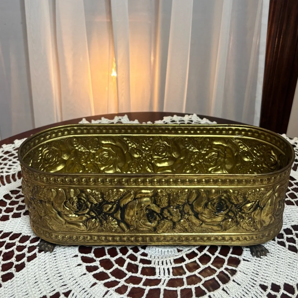 Vintage Brass Footed Planter Ornate Oval Embossed Floral Rose Victorian Luxury
